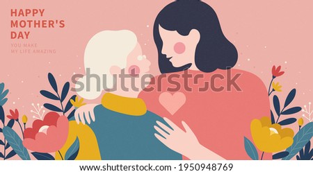 Portrait of a daughter hugging her old mother from shoulder. Illustrated in flat design on pink background. Concept of senior care for moms or happy mother's day.