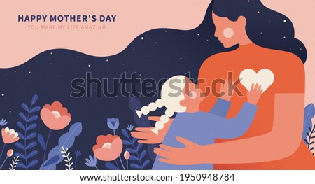 Portrait of young daughter trying to give her mother a big hug. Illustrated in flat design on pink background. Concept of motherhood or love toward mothers.