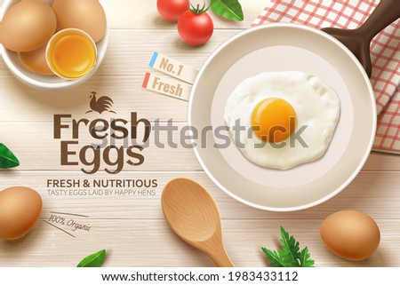 3d ad of fresh and nutritious brown eggs. Top view of frying pan and raw eggs on kitchen wooden table. Concept of frying an egg for healthy breakfast.