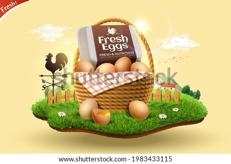 3d fresh eggs advertisement for farm product display. A basket of organic brown eggs set on miniature grassy farm land.