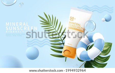 3d minimal cosmetic ad for summer skincare products. Sunscreen tube mockup with tropical leaves, swimming ring and decorative balls.