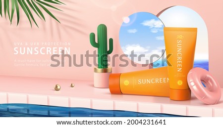 3d minimal pink scene design for summer skincare products. Realistic sunscreen tubes set beside swimming pool, decorated with cactus pot, portal and mirror.