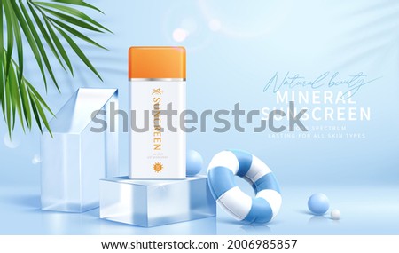 3d sunscreen bottle set on glass cube podium, decorated with swimming ring and tropical leaves. Suitable for cosmetic product display or ad template.