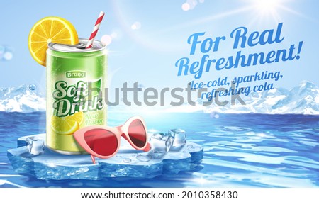3d lime juice soda ad template with glacier scene. Realistic cola can stands on a floating ice podium with sun glass and ice cubes. Concept of frozen drink for summer.