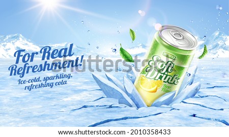 3d lime juice soda ad template. Realistic can crashing frozen ice with glacier background. Photo stock © 