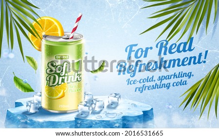 3d lemon juice soda ad template in the concept of chilling drink for summer. Realistic cola can stands on an ice stage with ice cubes and palm leaf decoration.
