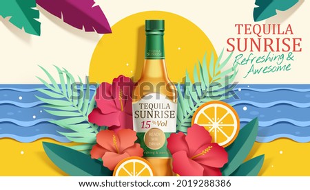 3d illustration of tequila sunrise ad. Cocktail glass bottle with tropical plants, flowers and fruit design elements around on beach background. Concept of tropical paradise.