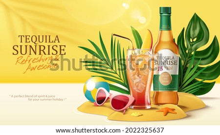 3d tequila sunrise advertisement design banner. Cocktail glass bottle and cup on sand dunes with tropical plants, starfish, sunglasses and volleyball.