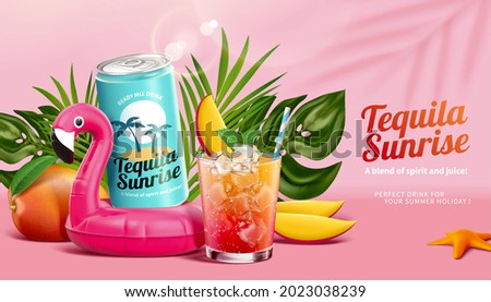 3d tequila sunrise ad. Concept of pink tropical jungle paradise. Drink can on flamingo swimming ring with a glass of cocktail aside. Decorated with tropical plant and mango around.