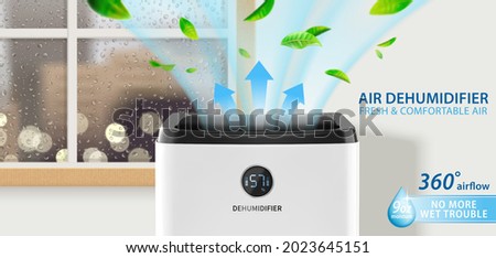 House appliance ad banner design for 3d dehumidifier or air purifier. Powerful air flows purifying home environment during rainy days.