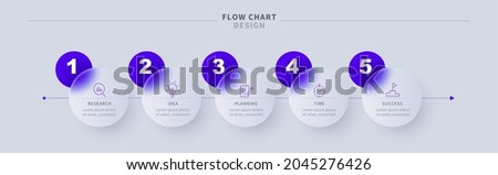 Glassmorphic business 5-step flowchart or timeline diagram. Five round glass labels with numbers and icons design.