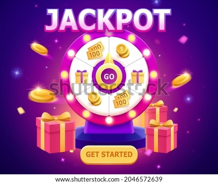 Big sale template. Luxury fortune spinning wheel with coins shooting out. Concept of winning coupon prizes in promoted sale event. ストックフォト © 