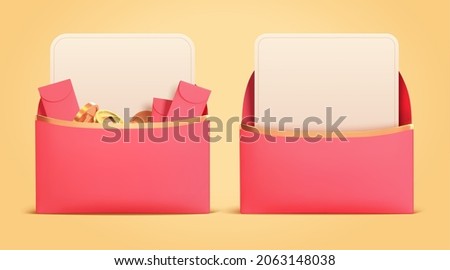 3d open red envelopes with pop out blank card. One with lucky money and one without.