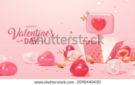 Cute love message popping out of an open present box with confetti and heart shape balloons around. 3d scene design. Suitable for Valentine's Day and Mother's Day. Stockfoto © 