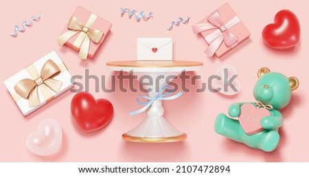 3d illustration of wrapped gift boxes, heart shape toys and teddy bear. Isolated on pink background. Suitable for Valentine's Day, Mother's Day or birthday