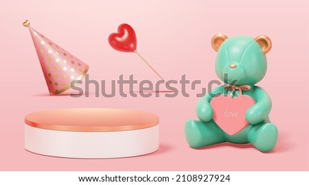 3d illustration of teddy bear, heart shape magic wand, party hat and round podium. Isolated on pink background. Suitable for Valentine's Day, Mother's Day or birthday