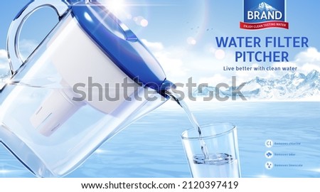 3d water filter pitcher ad template. Water pouring from jug mock-up into glass cup on frozen ocean background. Staying hydrated concept.
