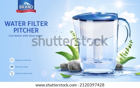 3d water filter pitcher ad template. Plastic jug mock-up displayed on ripple water surface with stones and natural leaves. Staying hydrated concept.