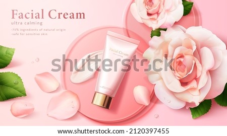 Luxury cosmetic cream ad template. 3d facial cream product tube on a pink podium surrounded by roses and petals on pink background.