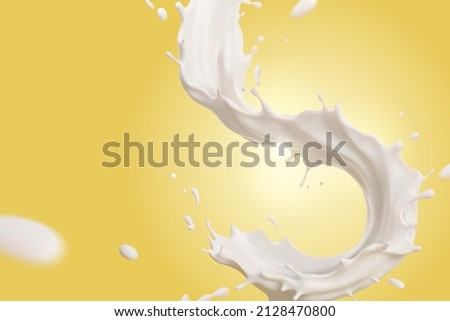 Closeup look at milk splashes in the air. 3d liquid splashing effect isolated on yellow background.
