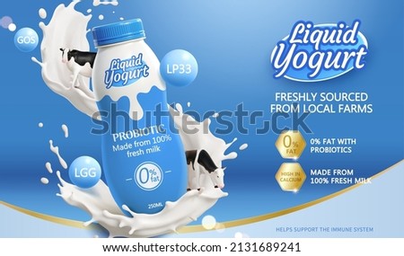 3d liquid yogurt drink ad template. Milk probiotic product advertising banner. Bottle mock-up with milk splashes and miniature cow toys on blue background.