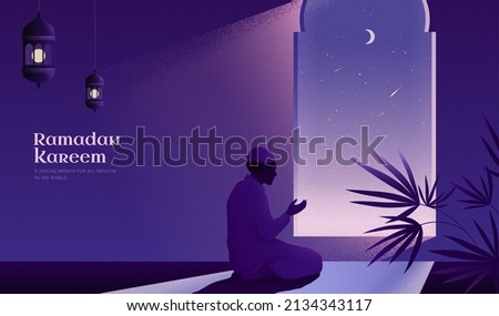 Islamic religion banner template. A Muslim man is facing the sunset and praying namaz or salah. Serene holy night background.