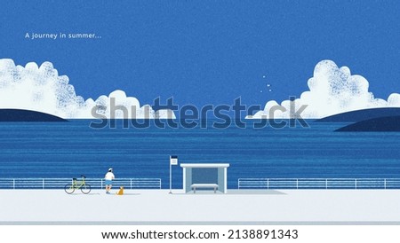 Relaxing hand drawn PC wallpaper design. Alone traveler enjoys a journey to summer seashore.