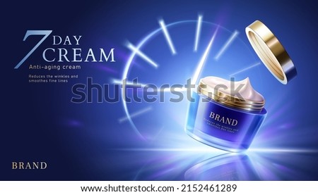 3d anti-aging or rejuvenate cosmetic cream ad template, blue glass jar mock-up with shining clock shape light in the background