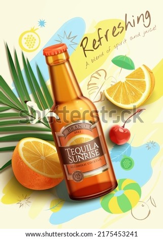 3d fruit beer or tequila sunrise ad template. Top view of brown glass bottle with palm leaf, cut oranges and colorful beach doodles. Concept of summer party.