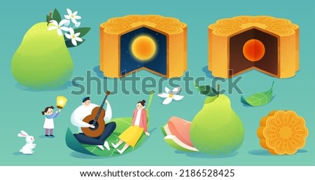 Mid autumn festival elements set. Including pomelos, one with osmanthus and the other with peeled piece. Cut and uncut mooncakes, one with full moon night filling. Family picnicking outdoor with hare.