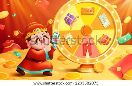 God of wealth holding a mobile phone standing aside spinner wheel on floor paved with loads of gold coins. Game concept of picking coupons, gifts, and red envelopes randomly.