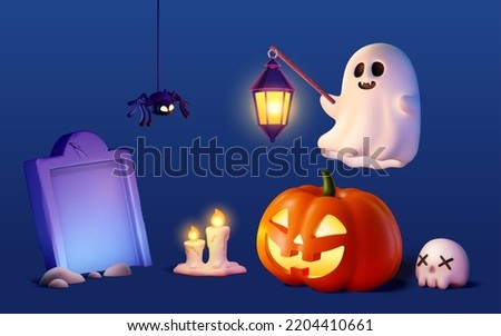 3D Spooky Halloween elements set. Illustration of cute ghost, jack o lantern, melted candles, gravestone, hanging spider, cross eyed skull isolated on purple background