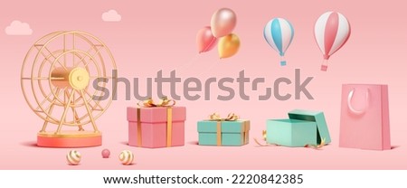 3D rendering Ferris wheel with wrapped giftboxes, unwrapped box, bag and flying balloons isolated on pink background