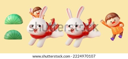 3D cartoon elements of a boy grasping one hand on the ear of the jumping rabbit wearing a red scarf, and two rounded corner bushes with different angles Сток-фото © 