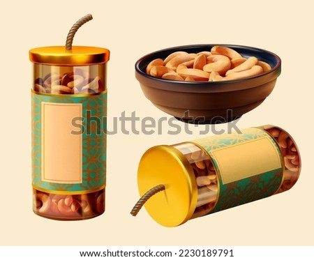 3D Illustration of two plastic jars filled with cashew. The lids shaped like firecracker fuses and body labels in turquoise. A black bowl full of nuts. Mockup and snack for Chinese new year