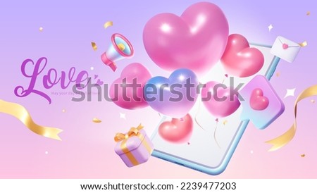 3D Heart shape balloons popping out from smartphone surrounded by confetti and love icon message on pink purple gradient background. Suitable for Valentine's Day sales ad banner.