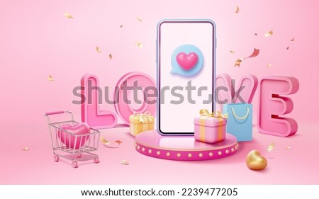 Smartphone with heart message on display podium. Surrouded by gift boxes, bag, and shopping cart with heart and 3D love font in the back.Suitable for Valentine's Day sales ad banner.