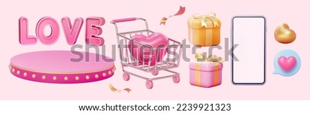 3D love icon speech bubble, gold balloon, love font on display podium, shopping cart with heart, gift boxes and smartphone on pink background.
