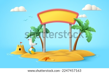 Sign board on beach with sand castle and seagull in cute 3d cartoon illustration Imagine de stoc © 