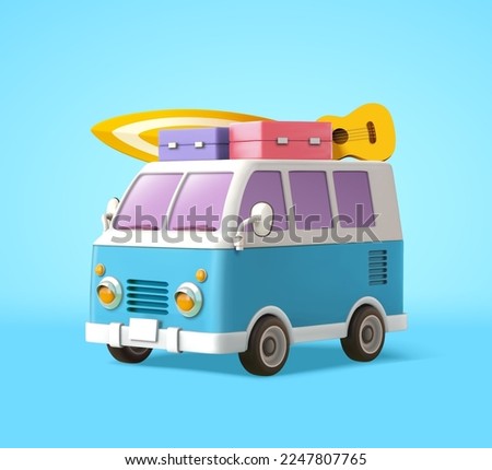 Blue minivan with luggage and sign board in cute 3d cartoon illustration