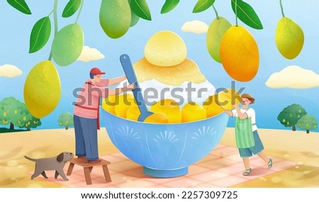 Illustration of miniature people scooping mango from giant shaved ice with spoon and carrying mango cube on shoulder. Tropical fruit dessert and character themed illustration
