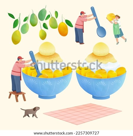 Fruit dessert and character themed illustration. Including boy scooping with spoon, giant shaved ice, girl carrying mango cube on shoulder, mango with branches, dog and picnic blanket