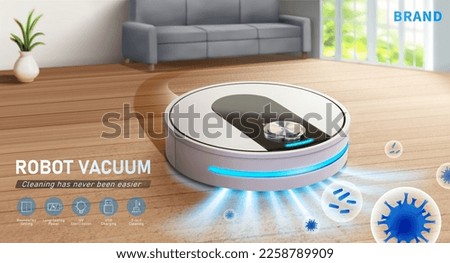 3D Robot vacuum cleaner removing different sizes of dusts, mold, bacteria, and any airborne particles in living room. Concept of vacuum cleaner filtering and cleaning