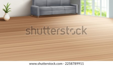 3D illustration of living room interior with furniture, including sofa, house plant, french window and parquet floor