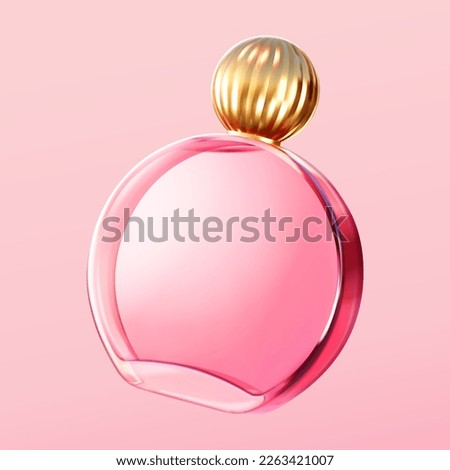 3D illustration of pink round perfume glass bottle with gold round cap isolated on light pink background.