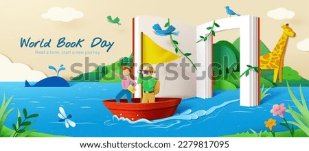 Cute paper cut style illustration of world book day. Explorers sailing on the sea through book arch door to start an new adventure story.