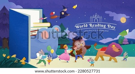 Illustration of cute fairy tale characters came to life and walk out from story book. Suitable for World Book Day and World Book and Copyright Day.