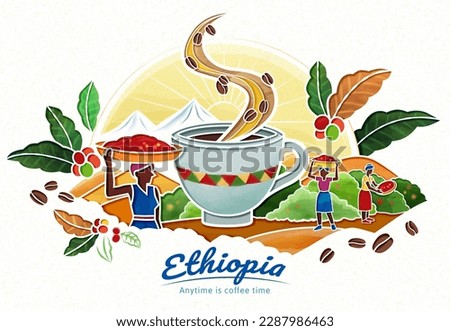 Illustrated giant cup of coffee in a coffee farm with farmer harvesting and carrying basket on their head. Suitable for World Coffee Day