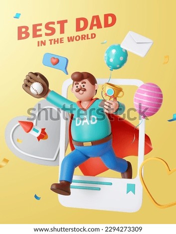 3D father's day best dad theme poster. Cute dad wearing red cap holding trophy and catching baseball running across social media post frame surrounded with festive decor