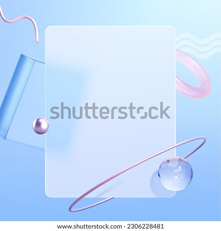3D geometric glassmorphism background. Composition of floating rectangle shape plate in the center with sphere, ring and metallic wavy string decorations.